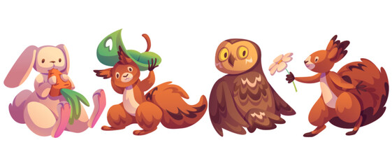 Forest animal characters set. Cute creatures with plants - bunny eating carrot, playful squirrel holding leaf overhead and presenting flower, wise brown owl. Woodland children book or game design.