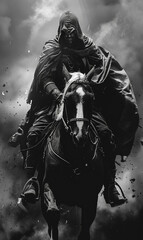 Fototapeta premium Black and White Hooded Horseman with Roman-Greek Flair