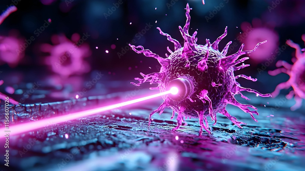 Aufkleber microscopic view of virus with laser beam emission in abstract background