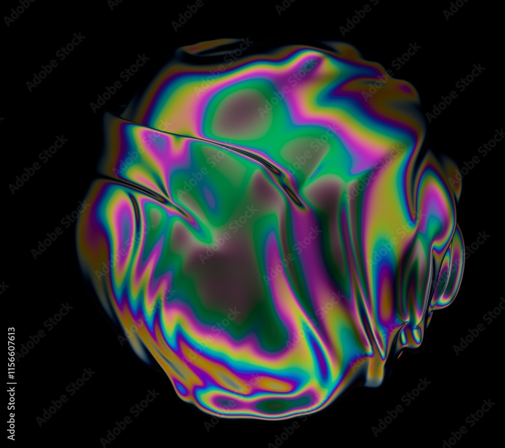 Poster holographic vibrant glossy sphere with ripples and distortions on the surface with rainbow iridescen