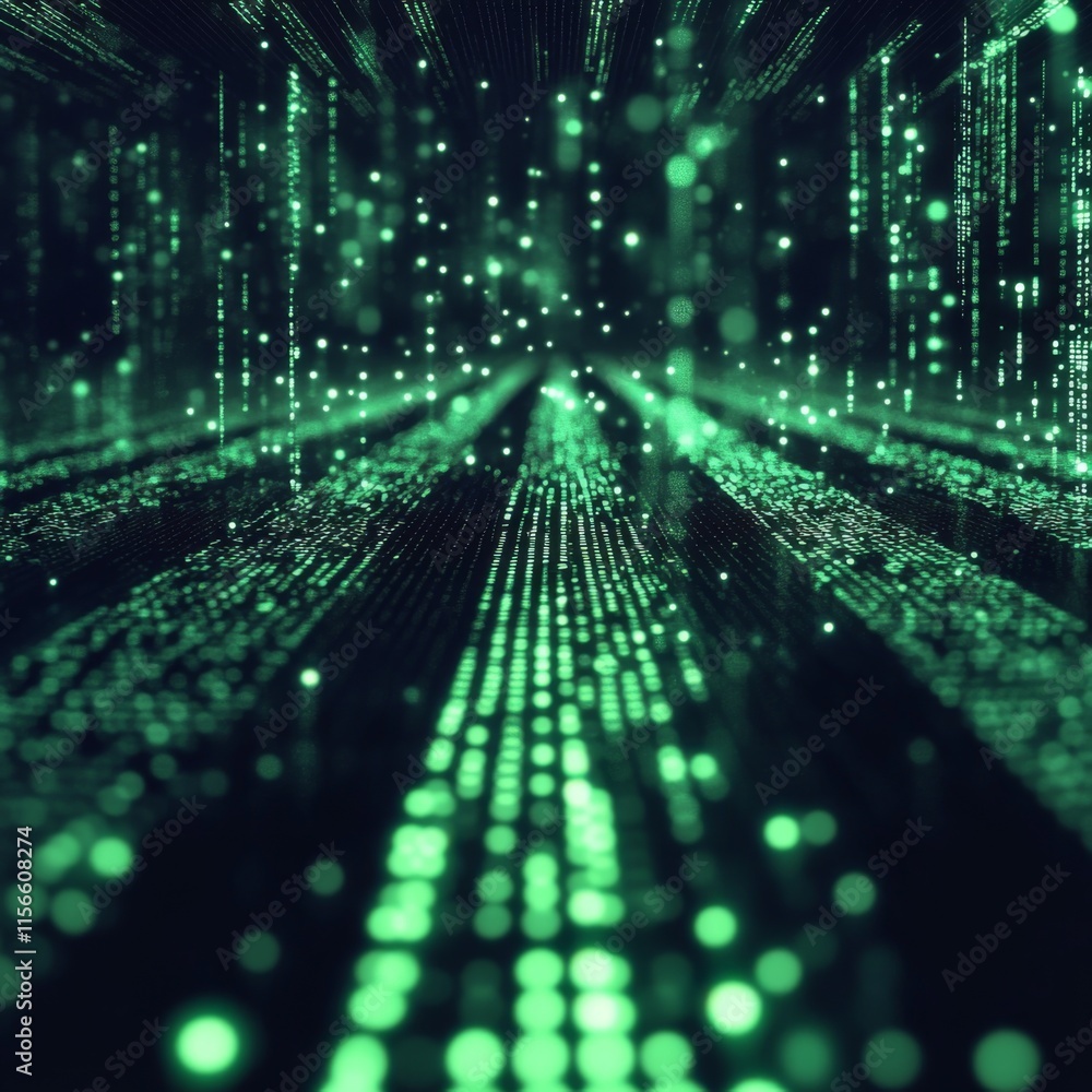 Aufkleber abstract green digital data stream flowing into perspective.
