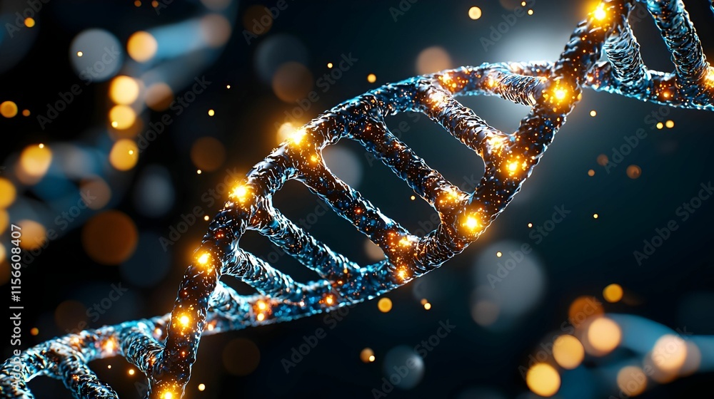Poster shimmering dna helix with bokeh effect and bright shining lights