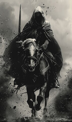 Fototapeta premium Black and White Hooded Horseman with Roman-Greek Flair