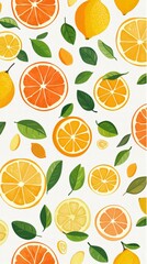 Vibrant citrus fruits and leaves pattern abstract design stylish wallpaper bright environment top-down view fresh concept