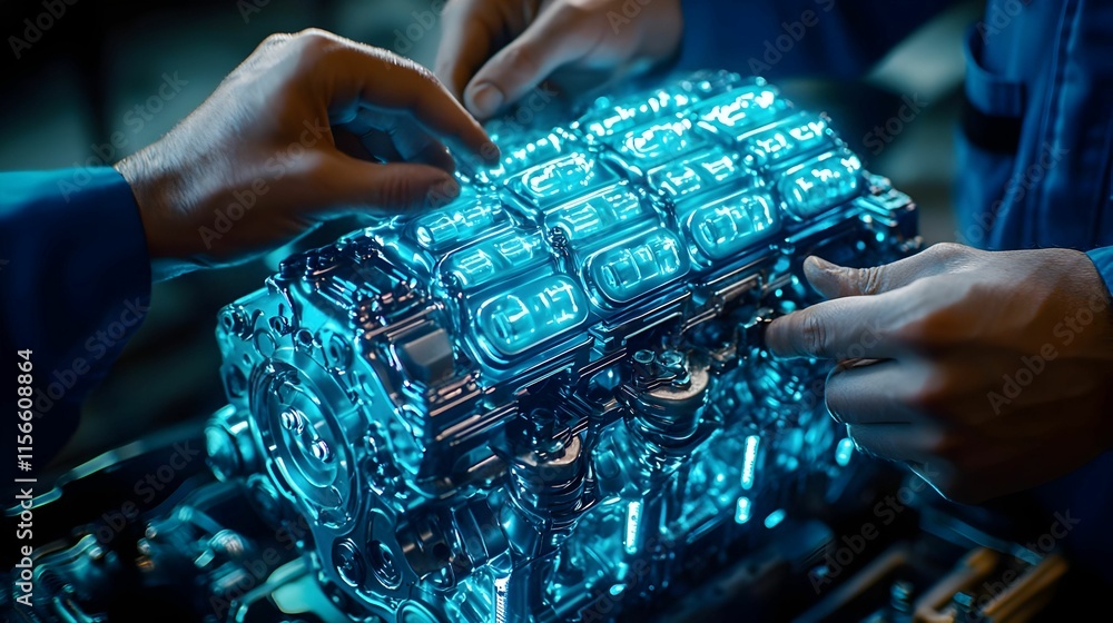 Poster hands assembling futuristic engine component in high-tech environment