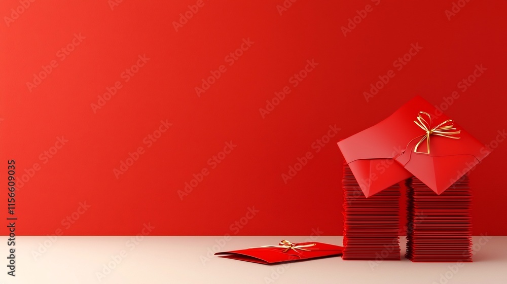 Poster elegant red envelope stack with soft shadowing and clean text field in a 3d digital minimalist desig
