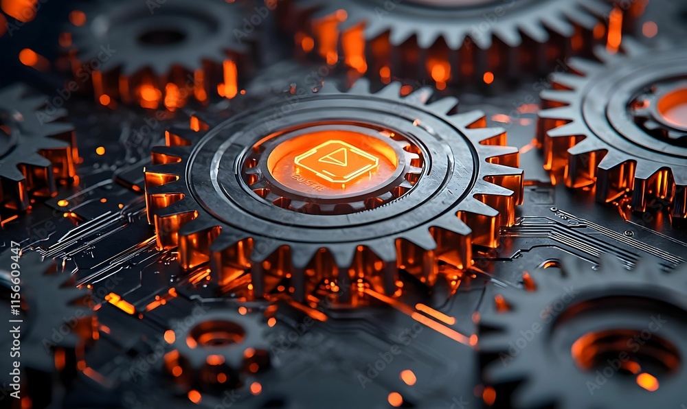 Poster abstract close-up of glowing gears on a circuit board background