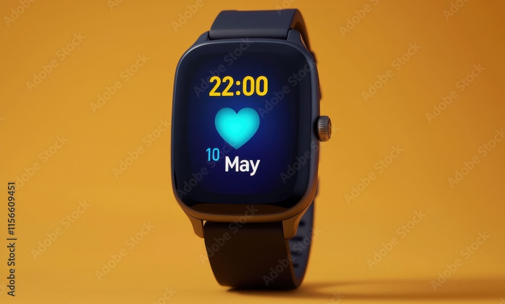 Poster modern smartwatch displaying heart icon and current time