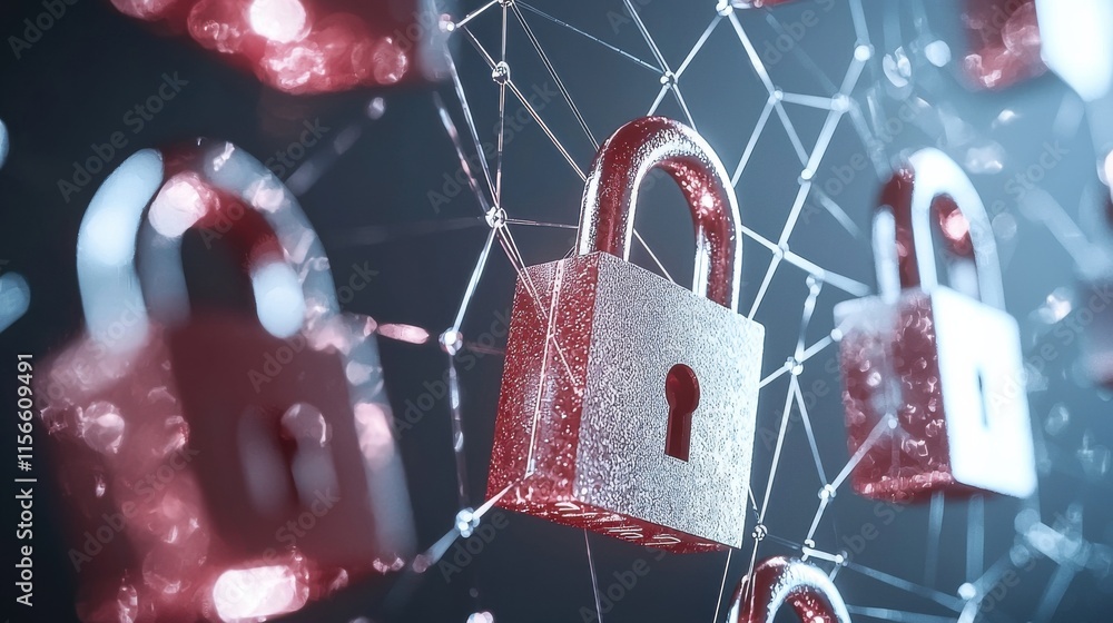 Poster cybersecurity locks weaving a digital web of protection virtual space 3d visualization abstract conc