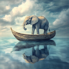 Fototapeta premium elephant standing on a wooden boat in calm waters under a cloudy sky, reflecting tranquility, strength, and imagination in a breathtaking and artistic dreamlike scen