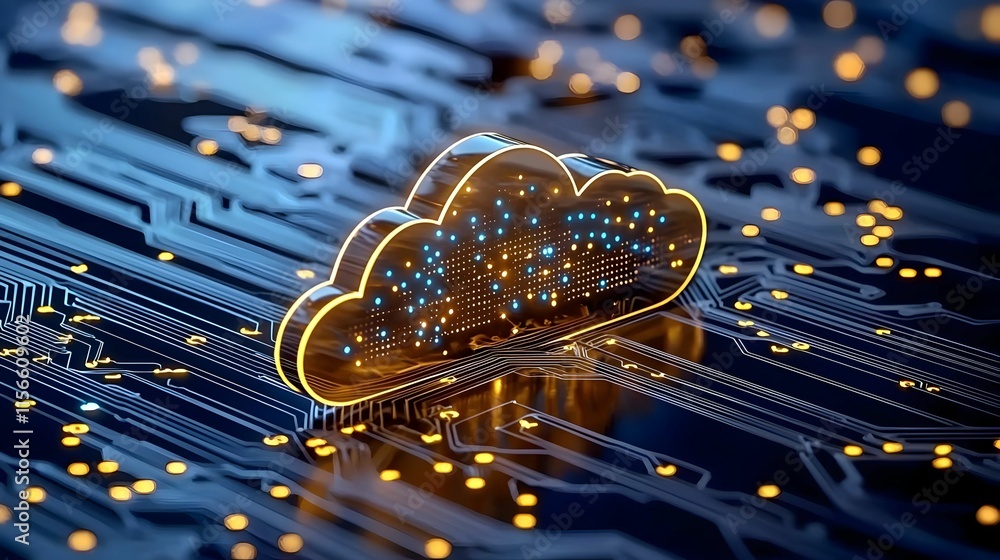 Poster cloud computing concept with circuit board and led lights display