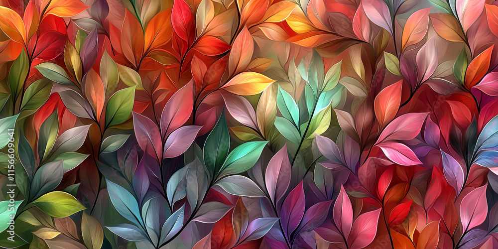 Poster a colorful leafy background with a variety of colors. the leaves are arranged in a way that creates 