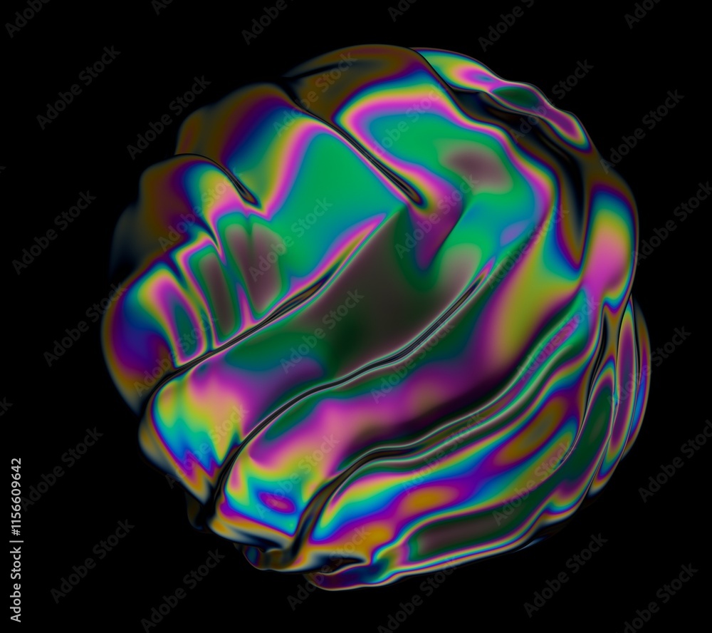 Poster holographic vibrant glossy sphere with ripples and distortions on the surface with rainbow iridescen