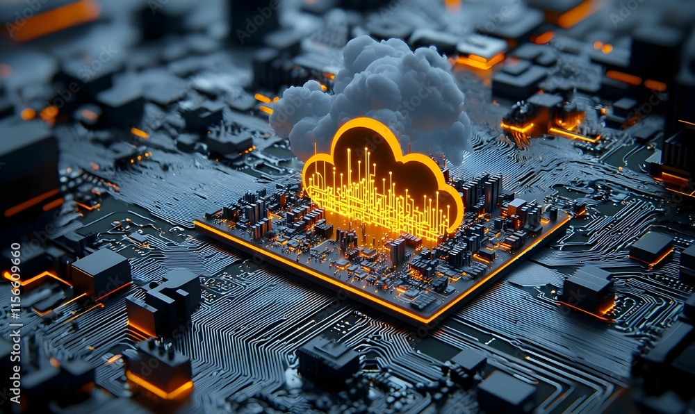 Poster cloud computing concept with circuit board and data visualization