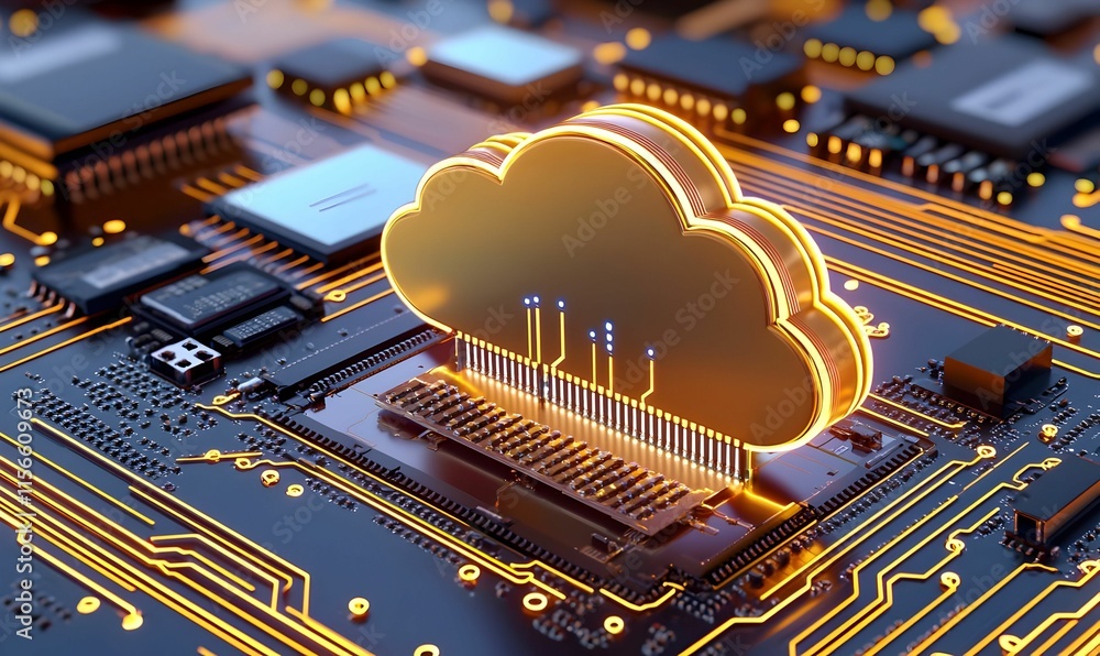 Poster cloud computing concept with circuit board and neon glow effects