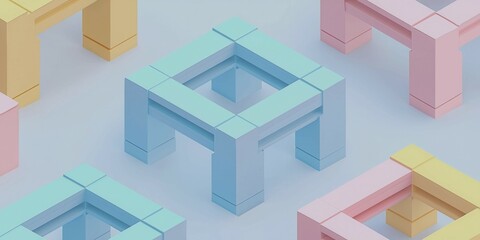 A row of colorful cubes are arranged in a square formation. The cubes are of different colors, including pink, yellow, and blue. Concept of creativity and playfulness