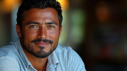 Obraz premium Close-up portrait of a smiling man with dark hair and beard.