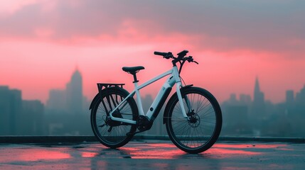 Naklejka premium Sleek Electric Bicycle Against Urban Skyline at Dusk