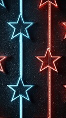 Naklejka premium Abstract Glowing Neon Stars and Stripes Display Urban Setting Digital Art Nighttime Vibrant Colors Contemporary Design