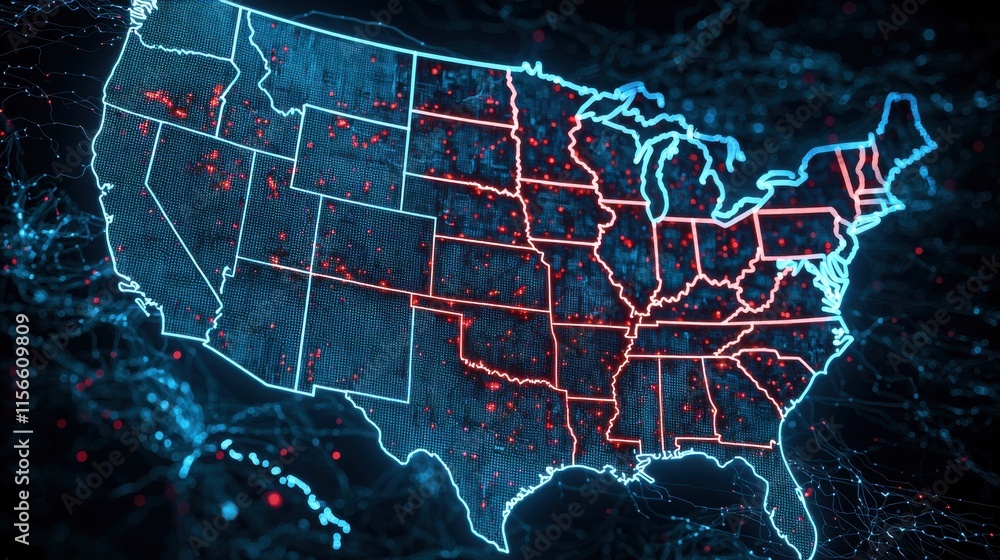 Poster dynamic visualization of u.s. map with blue and red data points technology environment digital conce