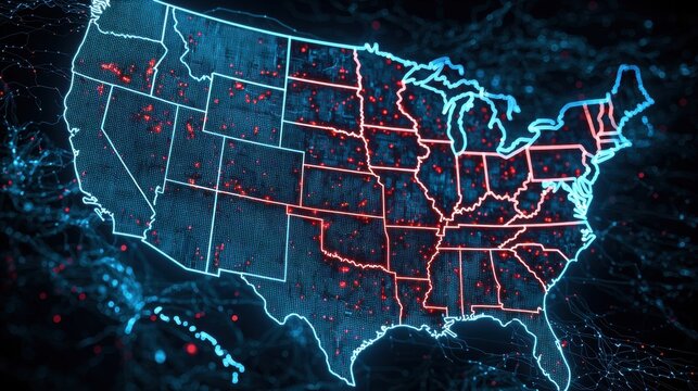 Dynamic Visualization of U.S. Map with Blue and Red Data Points Technology Environment Digital Concept