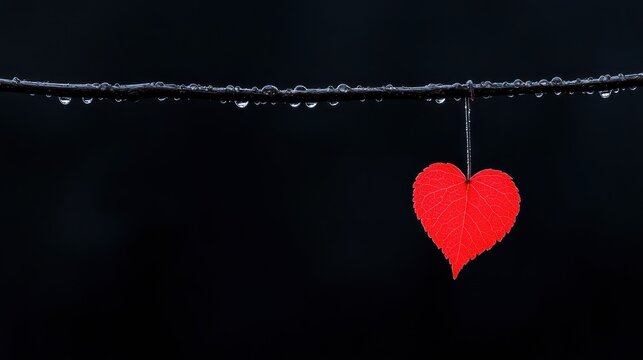 Autumn Heartbreak: Red Leaf in the Shape of Heart Hanging on Branch, Depicting a Sad Love Mood