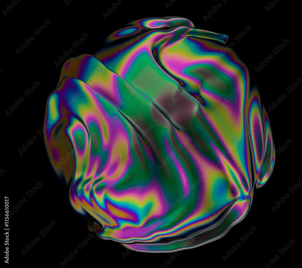 Aufkleber Holographic glossy sphere with ripples and distortions on the surface with rainbow iridescences. Abstract 3D illustration of futuristic glitchy blob.