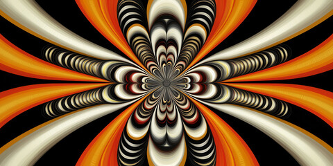 A colorful abstract painting with a lot of black and orange lines. The painting is very busy and has a lot of detail