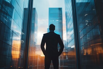 Fototapeta premium Businessman looking at cityscape. Success, ambition, future concept.