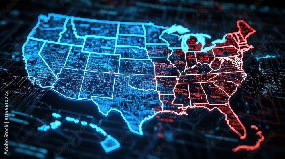 Aufkleber vivid blue and red u.s. map displaying geographic information in a digital environment
