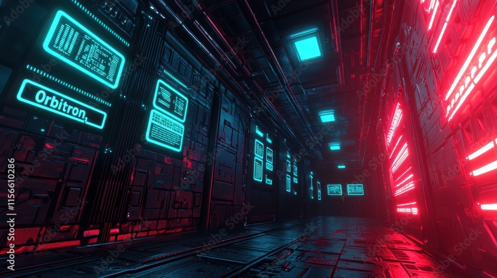Poster futuristic corridor with neon lights and high-tech interfaces