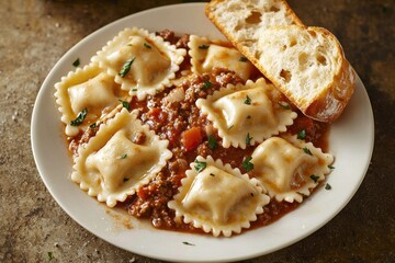 Delicious Cheese Ravioli in Hearty Meat Sauce with Garlic Bread Italian Kitchen Food Cozy Setting Culinary Delight