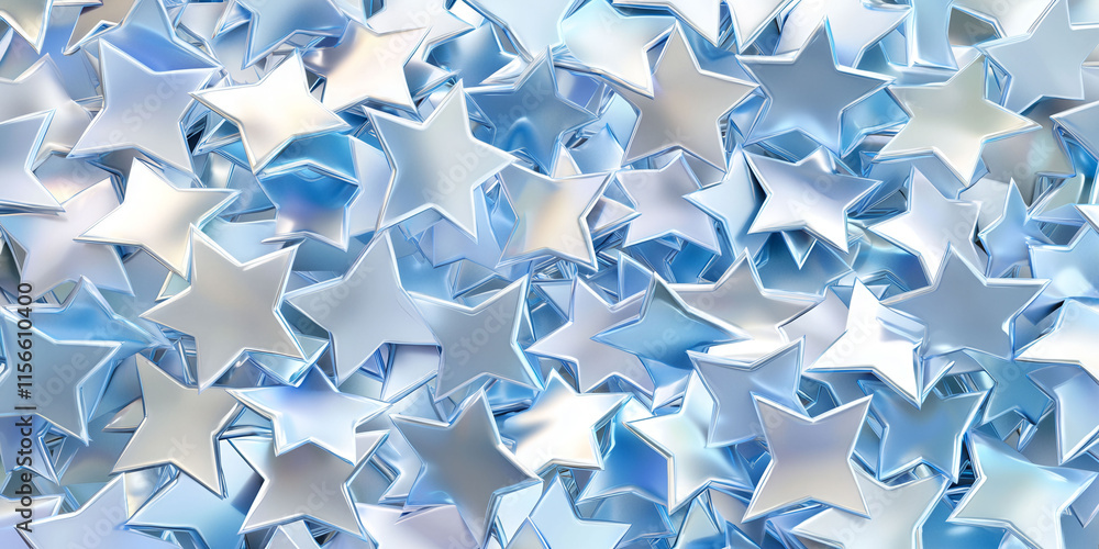 Poster a blue background with many silver stars scattered across it. the stars are all different sizes and 