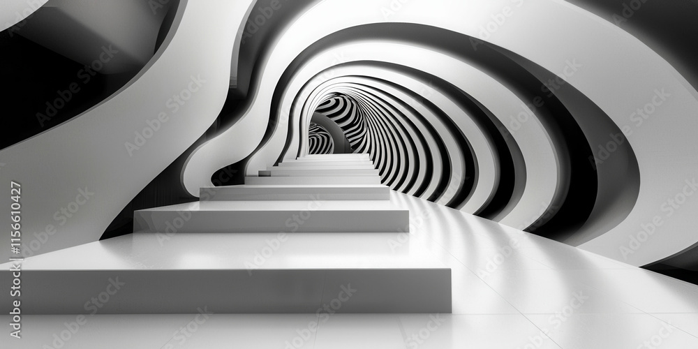 Poster a spiral staircase is shown in a white and black color scheme. the staircase is long and narrow, wit