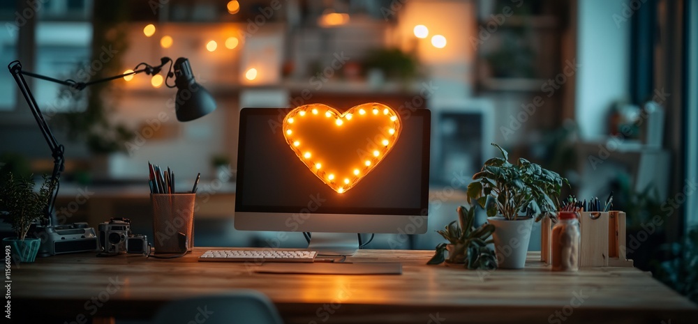 Poster a cozy workspace with a heart-shaped light on a computer screen.