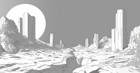 A monochromatic futuristic landscape with towering structures under a large sun.