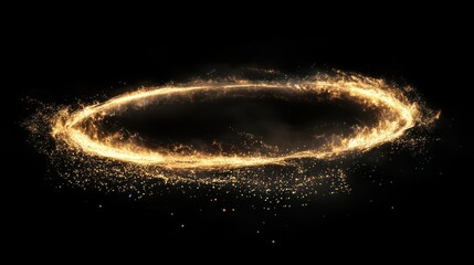 A dynamic composition with glowing golden arcs crossing a deep black canvas, surrounded by fine sparkling particles