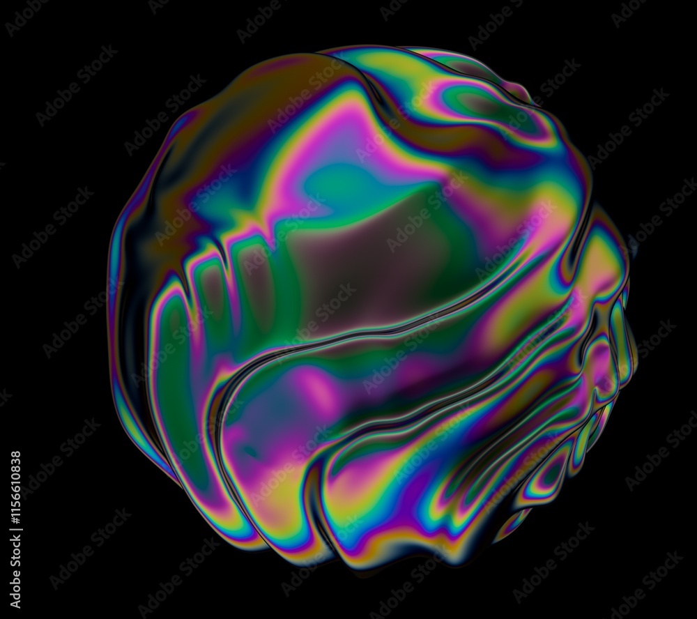 Poster holographic vibrant glossy sphere with ripples and distortions on the surface with rainbow iridescen