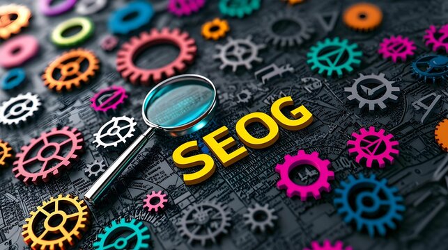 Colorful Gears and Magnifying Glass with SEOG Text on Dark Background