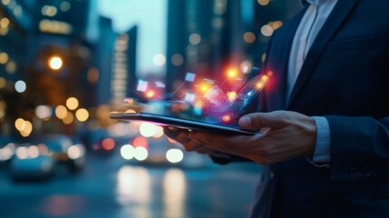 Data visualization in business analytics urban city setting digital artwork evening environment professional perspective