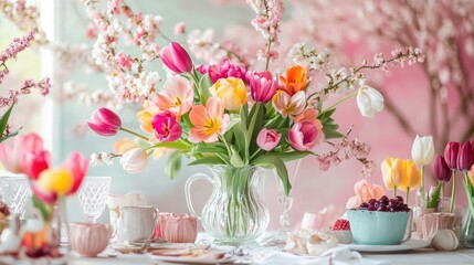 Springtime Table Setting with Vibrant Tulips and Blossom Branches