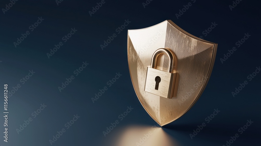 Poster cybersecurity shield with lock digital space 3d graphic dark background abstract concept for protect