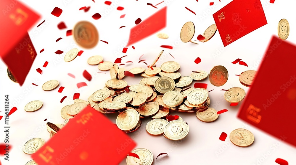 Poster spilling golden coins from red envelopes on a vibrant clean background with a text placeholder in a 
