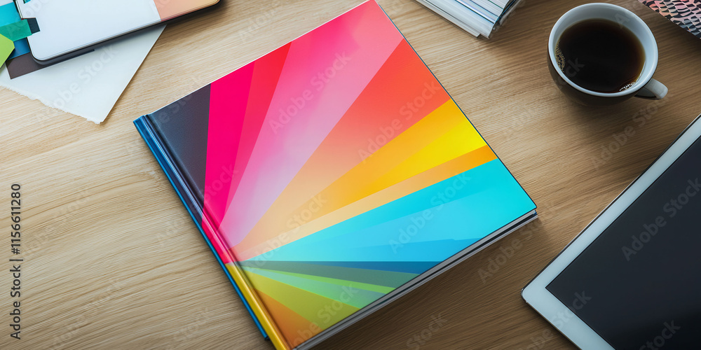 Poster a colorful book sits on a table next to a tablet. the book is titled 