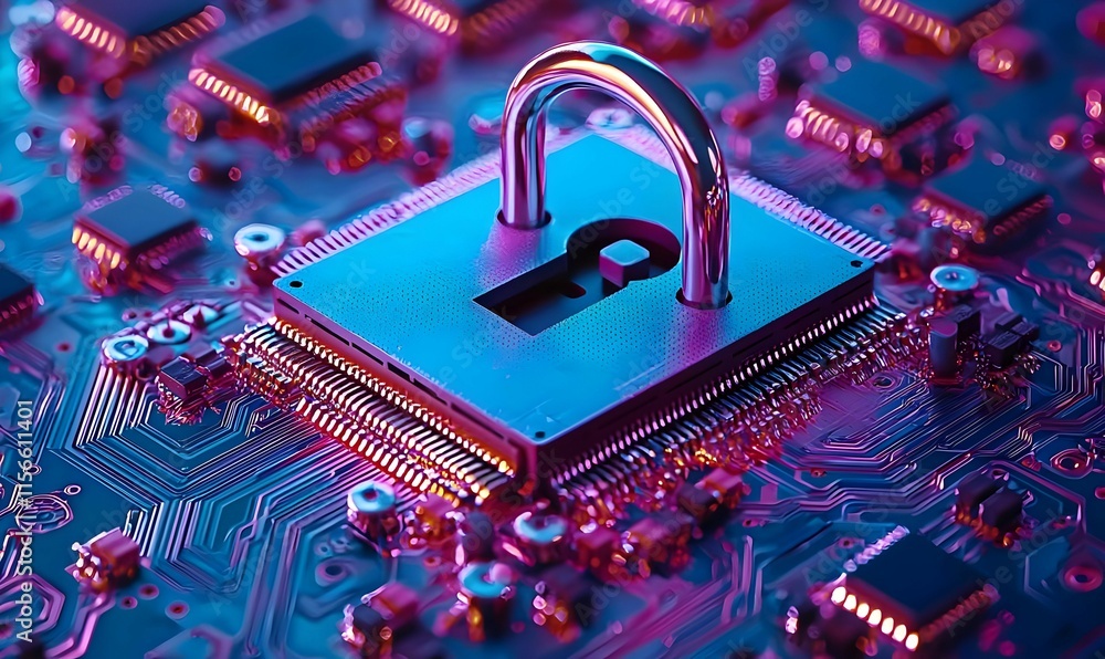 Poster secure digital lock on circuit board with neon color vibes