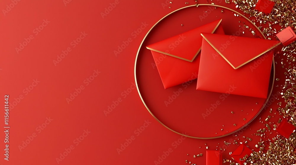 Poster beautifully designed red envelopes arranged in a circular pattern with elegant gold trim and a clean