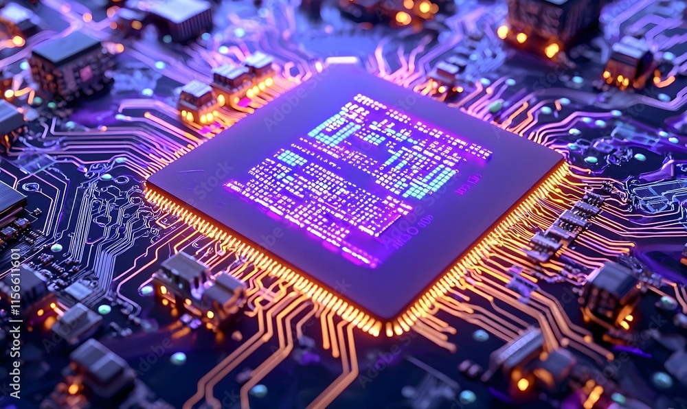 Poster vibrant close-up of computer chip with neon circuitry details
