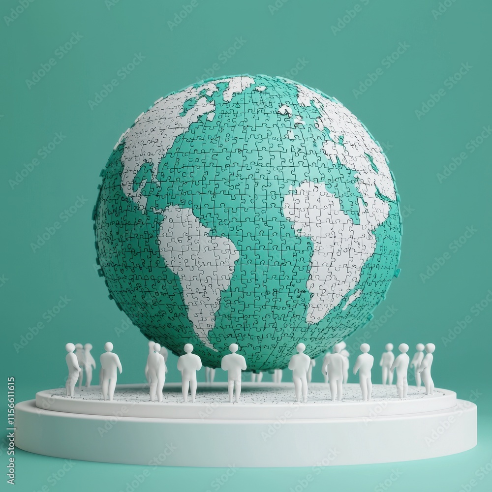 Poster modern puzzle globe with figures on a solid background