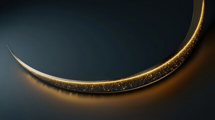 An elegant golden curve with sparkling light particles, gracefully arcing across a dark gradient background with soft reflections