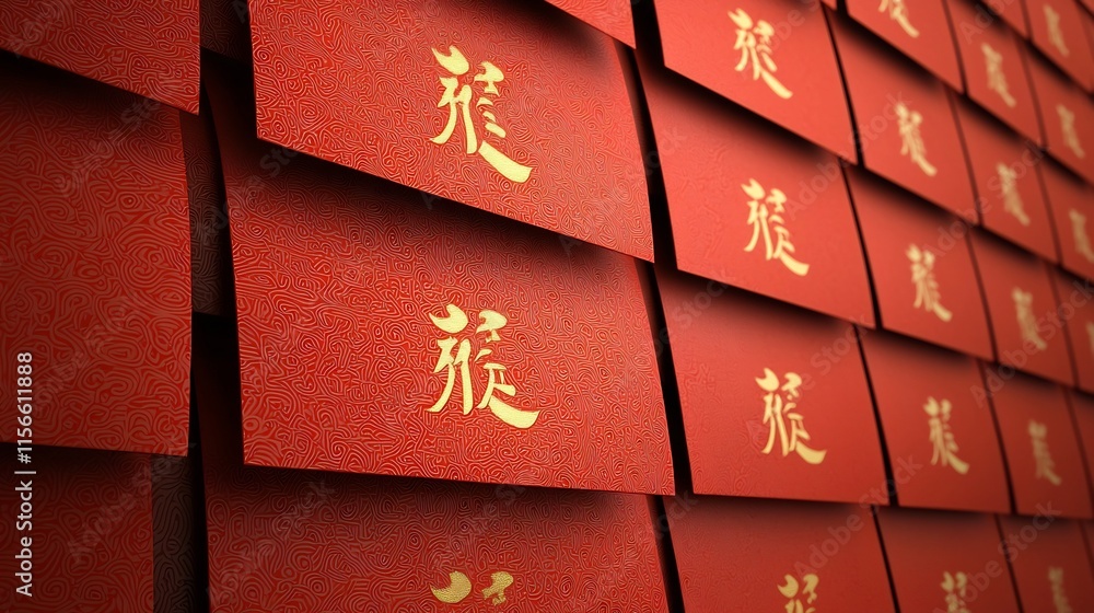 Poster stacked red envelopes with gold characters in seamless background with editable text area 3d premium